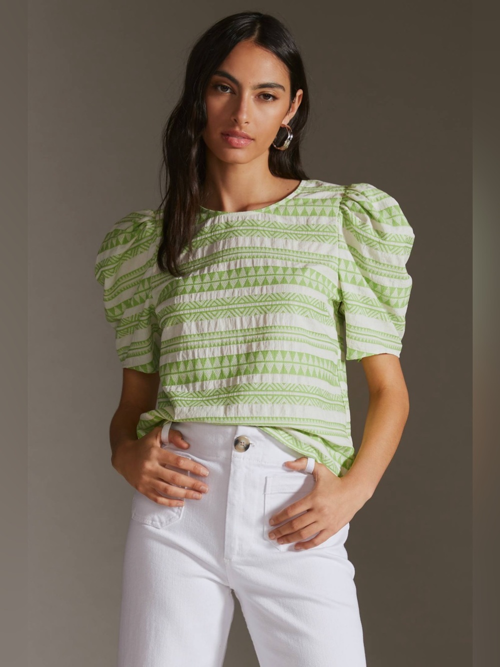 Anthropologie Amadi Puff Sleeve Top in Green and White Womens Small